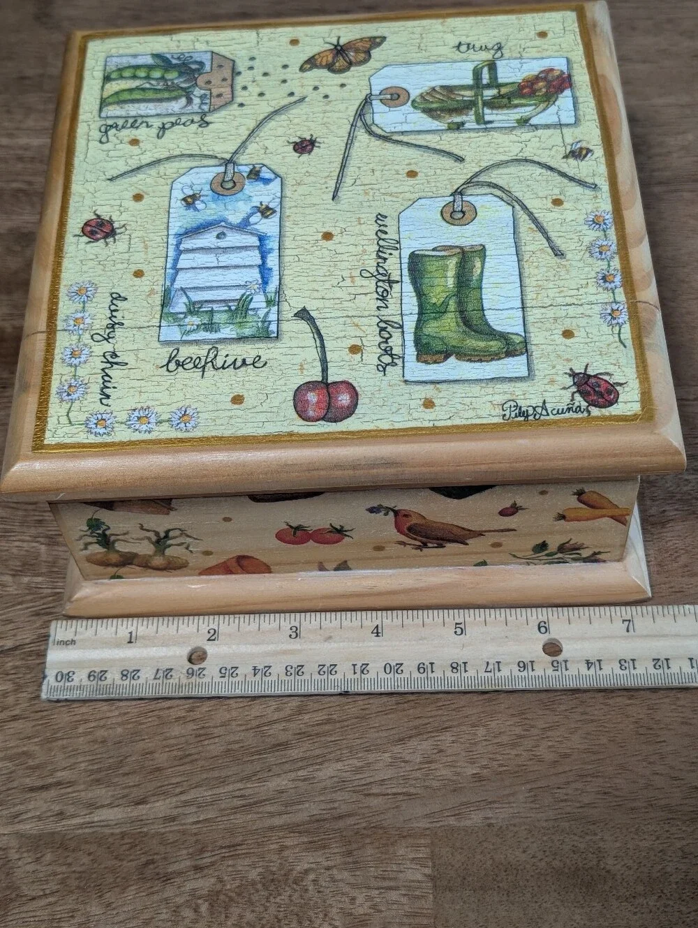Pily Acuna Design Decoupage Wooden Trinket Box/ Jewelry Box Garden Bees Ladybug